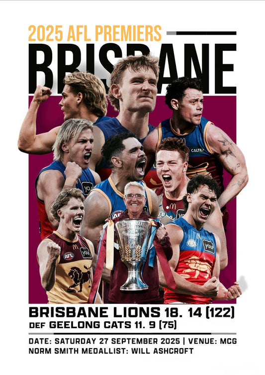 Brisbane Lions AFL 2025 Premiership Team Poster