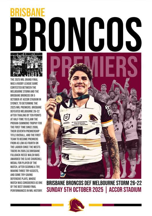 Brisbane Broncos 2025 Premiership Poster